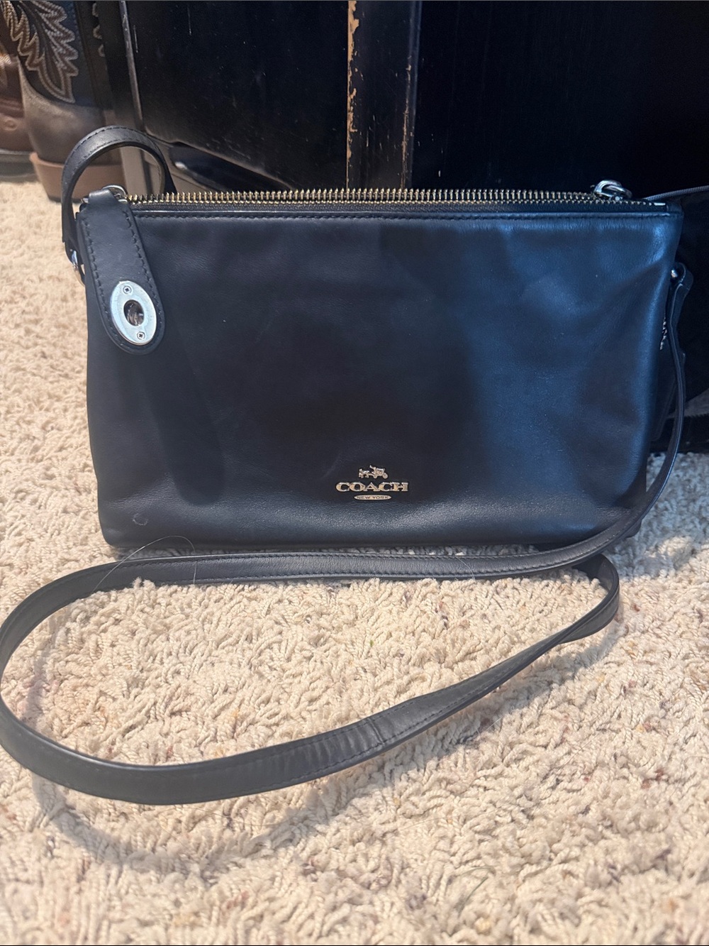 Coach Black Leather Crossbody with Gold Logo